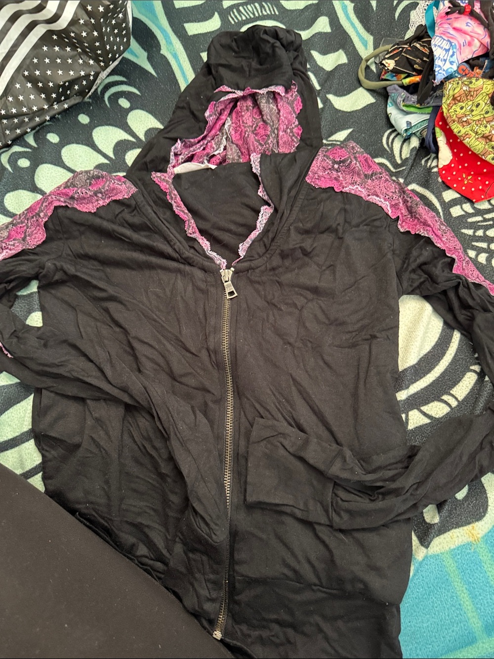 Beach Bunny Black Hoodie with Pink Lace Accents